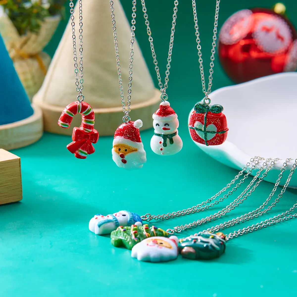 Christmas Element Series Gift Box Resin Santa Claus Snowman Pendant Necklace