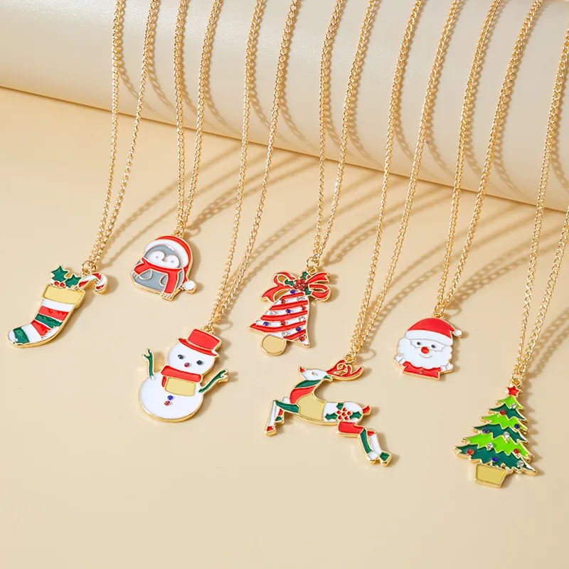 Christmas Cartoon Enameled Elk Snowman Bell Necklace