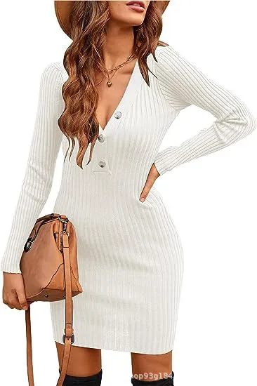 Autumn Winter Long-Sleeved Slim-Fit Sexy V-Neck Women Button Knitted Dress