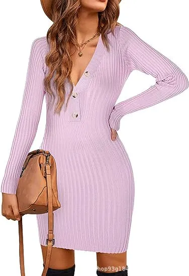Autumn Winter Long-Sleeved Slim-Fit Sexy V-Neck Women Button Knitted Dress