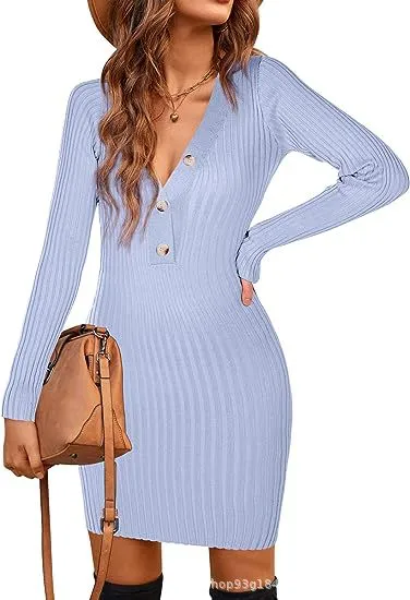 Autumn Winter Long-Sleeved Slim-Fit Sexy V-Neck Women Button Knitted Dress