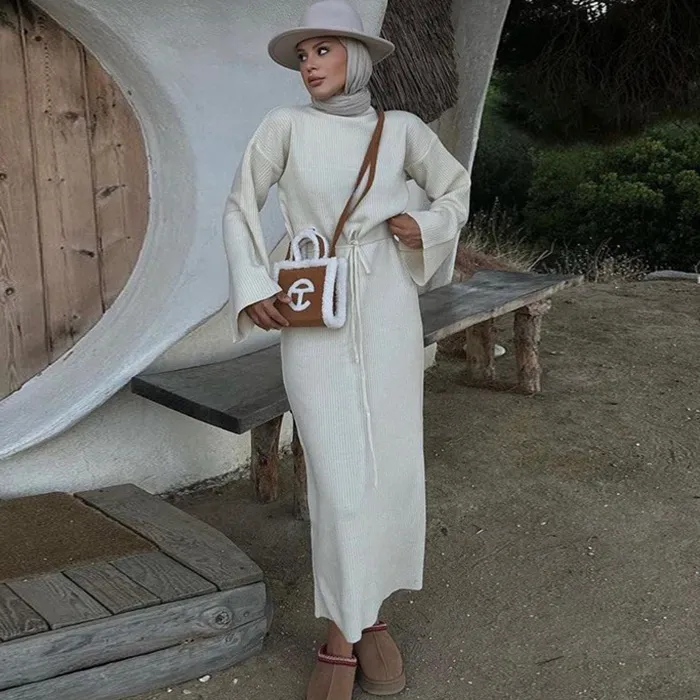 Women Long Sleeve High Waist Solid Color Casual Knitted Sweater Dress