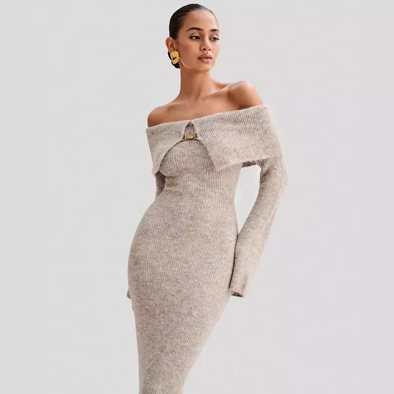 Women Sexy Elegant Off-Shoulder Knitted Sweater Dress