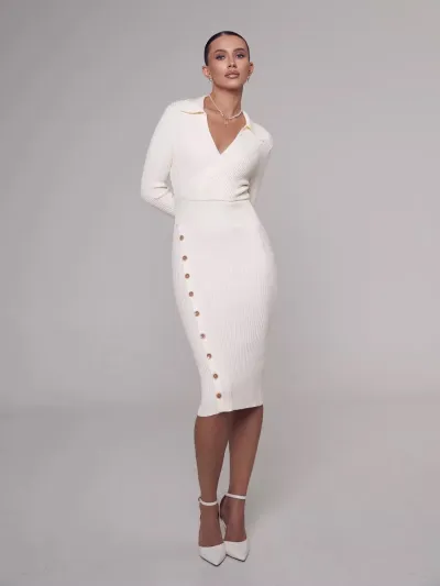 Elegant Women Office Chic Knitted Autumn And Winter Polo Collar Tight Midi Sweater Dress