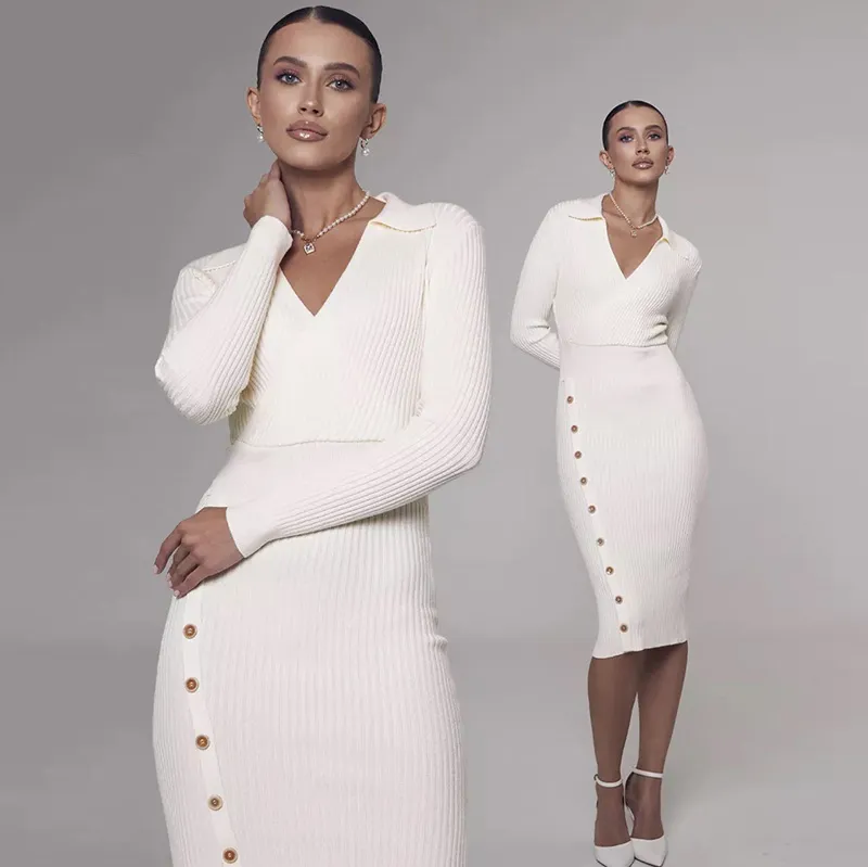 Elegant Women Office Chic Knitted Autumn And Winter Polo Collar Tight Midi Sweater Dress