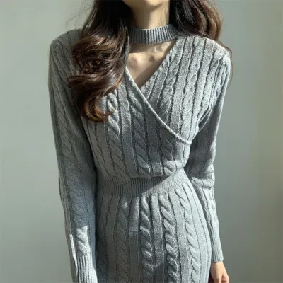 Women Pattern Cut Out Split Sweater Dress Long Sleeve V-Neck