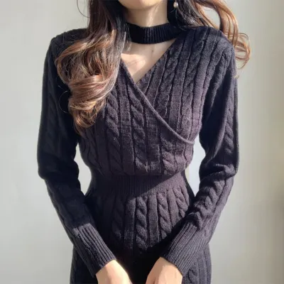 Women Pattern Cut Out Split Sweater Dress Long Sleeve V-Neck
