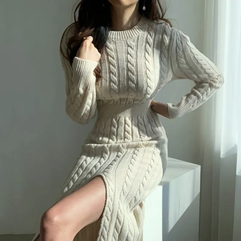 Women Pattern Cut Out Split Sweater Dress Long Sleeve V-Neck