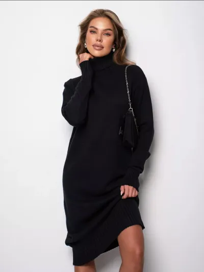 Women Turtleneck Knitted Fall Winter Loose Solid Color Sweater Dress