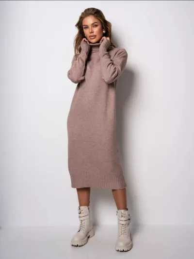 Women Turtleneck Knitted Fall Winter Loose Solid Color Sweater Dress