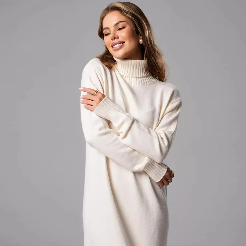 Women Turtleneck Knitted Fall Winter Loose Solid Color Sweater Dress