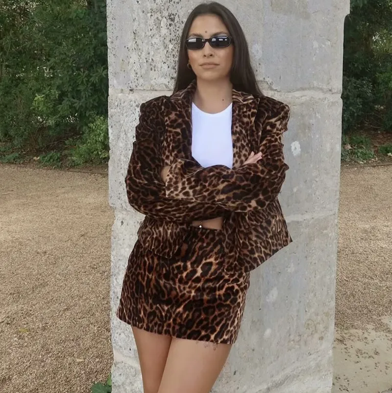 Women Leopard Print Velvet Blazer Mini Skirt Set