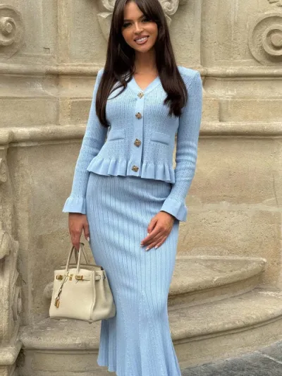 Elegant Women Chic V-Neck Knitted Cardigan Skirt Two-Piece Set