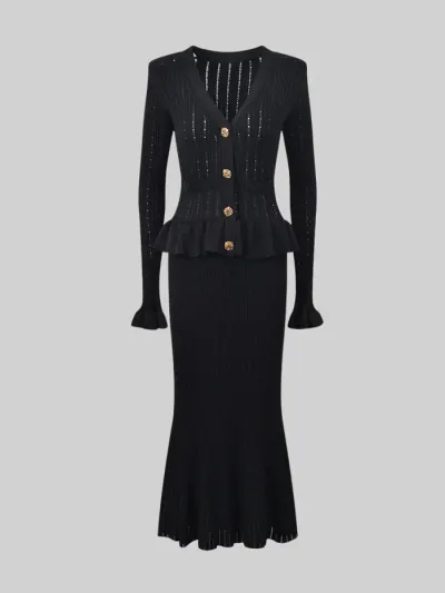 Elegant Women Chic V-Neck Knitted Cardigan Skirt Two-Piece Set