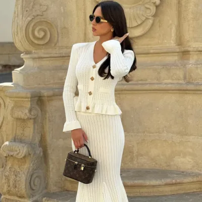 Elegant Women Chic V-Neck Knitted Cardigan Skirt Two-Piece Set