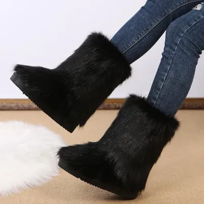 Multicolor Fur Snow Boots Slip On Flat Heel Winter Shoes