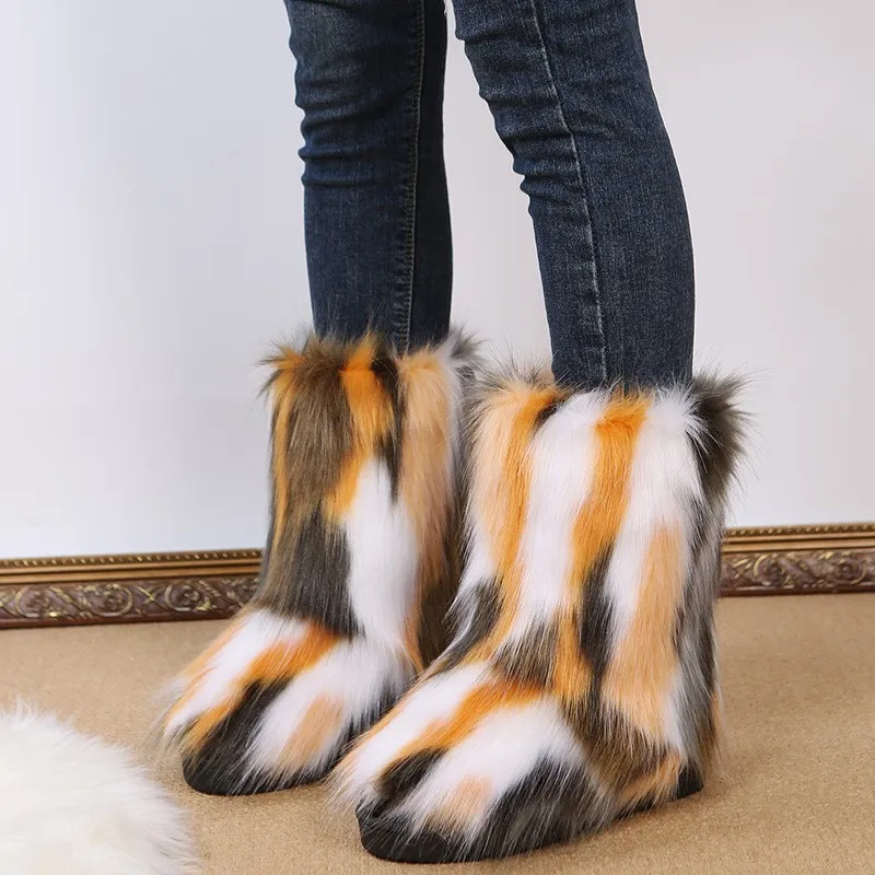 Multicolor Fur Snow Boots Slip On Flat Heel Winter Shoes
