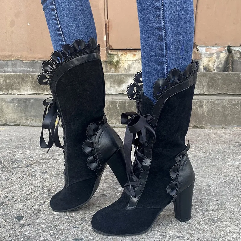 Vintage Suede Lace Up Boots Thick Heel Pointed Toe