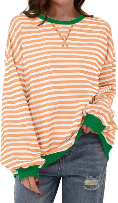 Women Casual Stripe Loose Sweatshirt Pullover Organic Cotton