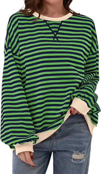Women Casual Stripe Loose Sweatshirt Pullover Organic Cotton