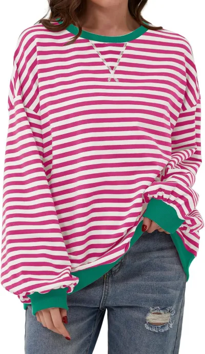 Women Casual Stripe Loose Sweatshirt Pullover Organic Cotton