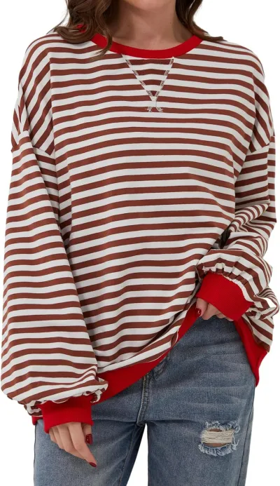 Women Casual Stripe Loose Sweatshirt Pullover Organic Cotton