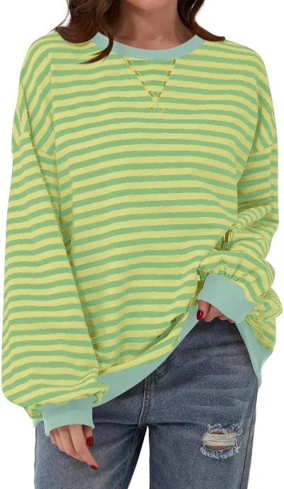 Women Casual Stripe Loose Sweatshirt Pullover Organic Cotton