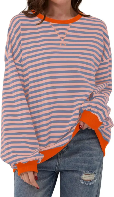 Women Casual Stripe Loose Sweatshirt Pullover Organic Cotton