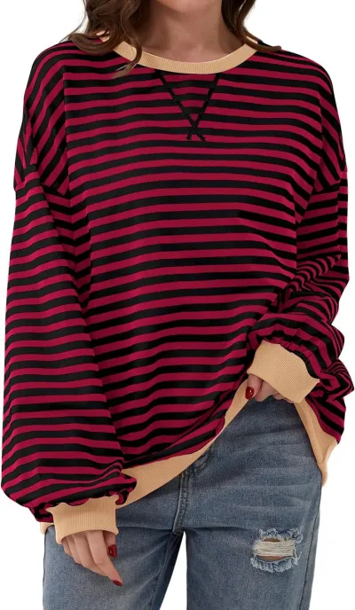 Women Casual Stripe Loose Sweatshirt Pullover Organic Cotton