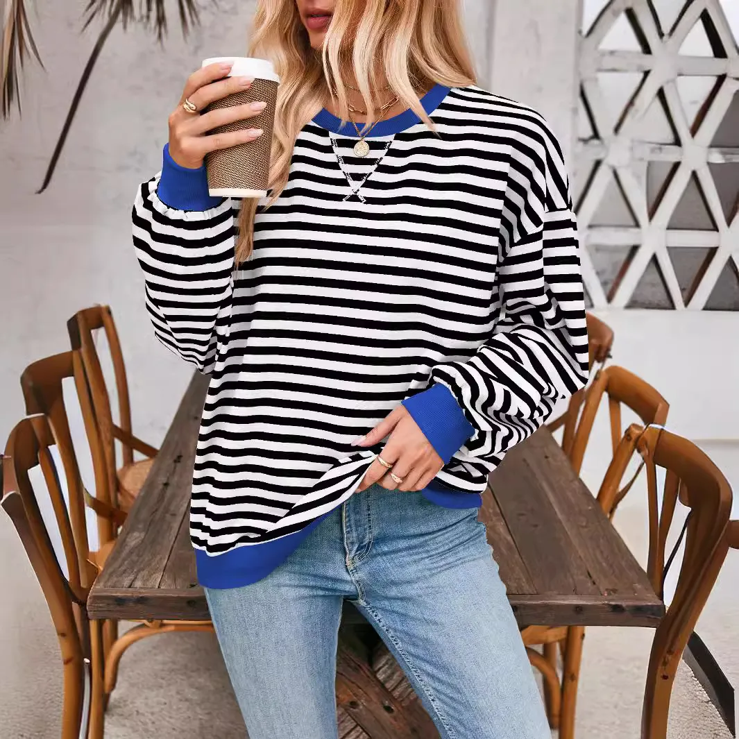 Women Casual Stripe Loose Sweatshirt Pullover Organic Cotton