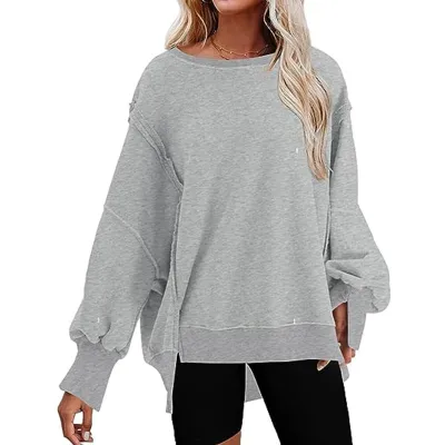 Women Casual Solid Color Round Neck Loose Pullover Sweatshirt