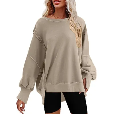 Women Casual Solid Color Round Neck Loose Pullover Sweatshirt