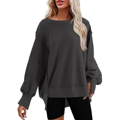Women Casual Solid Color Round Neck Loose Pullover Sweatshirt