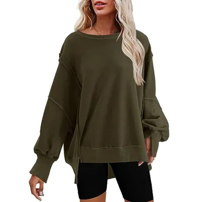 Women Casual Solid Color Round Neck Loose Pullover Sweatshirt