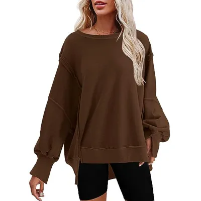 Women Casual Solid Color Round Neck Loose Pullover Sweatshirt