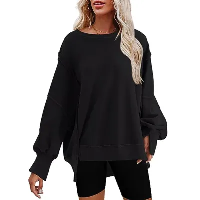 Women Casual Solid Color Round Neck Loose Pullover Sweatshirt