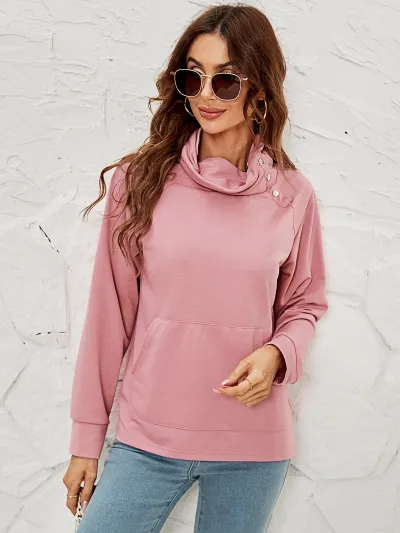 Women Casual Solid Blank Button Collar Sweatshirts