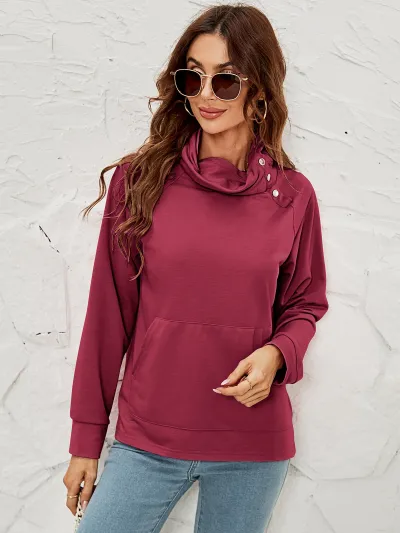 Women Casual Solid Blank Button Collar Sweatshirts