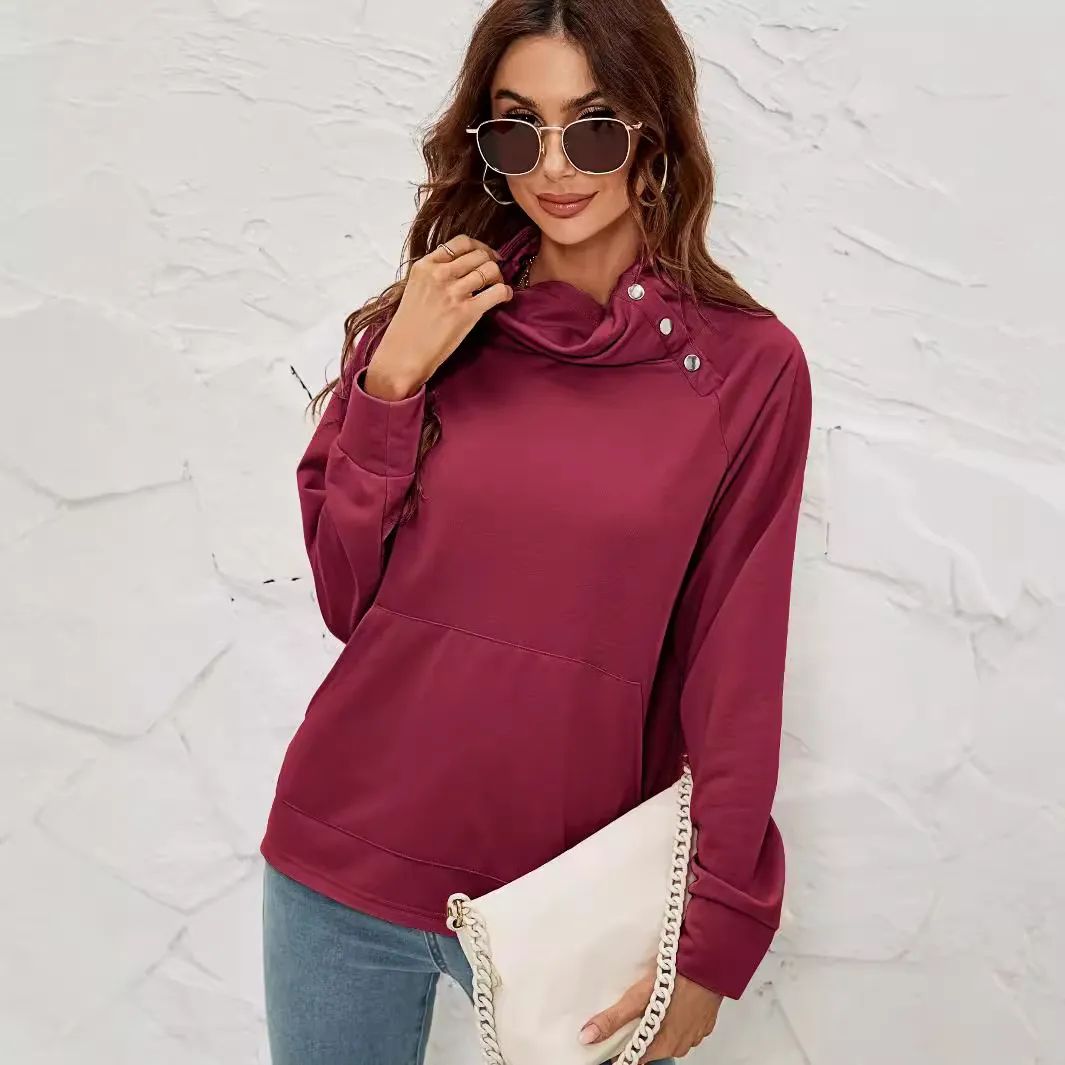 Women Casual Solid Blank Button Collar Sweatshirts
