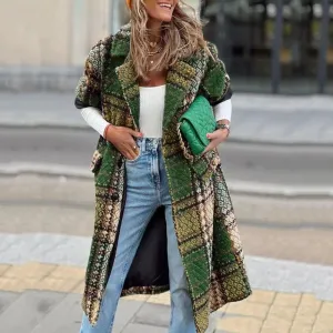 Autumn Winter Women Long Sleeve Printed Polyester Lapel Coat