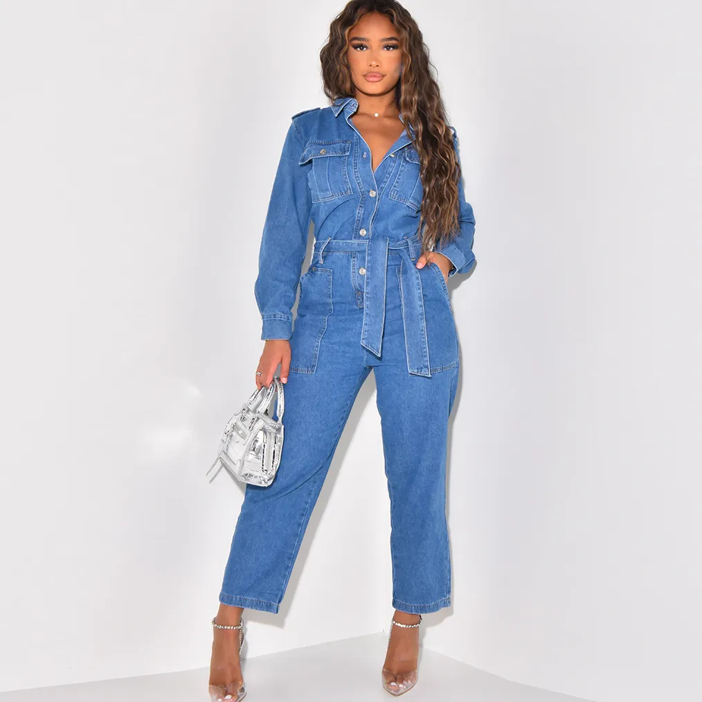 Women's Denim Jumpsuit with Pockets, Long Sleeve, Urban Style