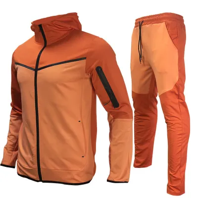 Men Casual Color Matching Long Sleeve Hooded Coat Trousers Sets