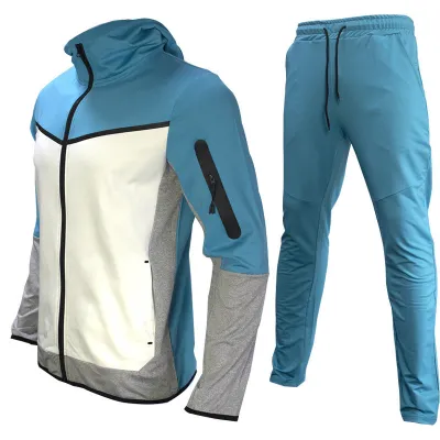 Men Casual Color Matching Long Sleeve Hooded Coat Trousers Sets