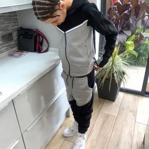 Men Casual Color Matching Long Sleeve Hooded Coat Trousers Sets