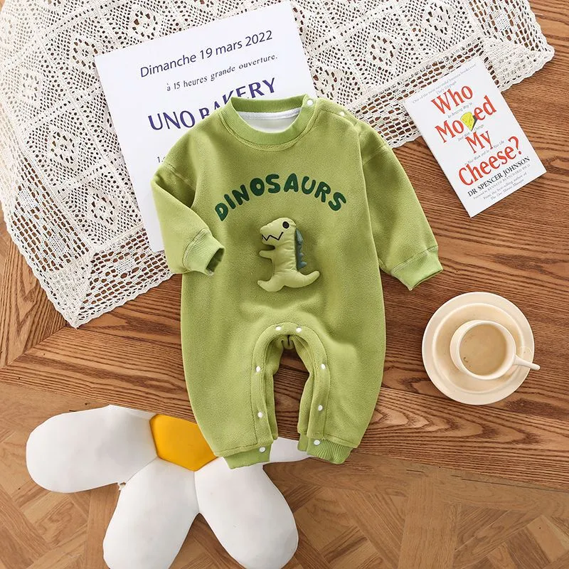 Kids Baby Boys Autumn Winter Casual Cute Dinosaur Fleece Long Sleeve Romper