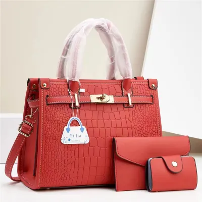 Women Fashion Solid Color Crocodile Print Large Capacity Handbag