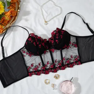 Embroidered Tiny Flower Fishbone Adjustable Corset Crop Top