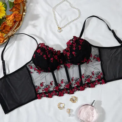Embroidered Tiny Flower Fishbone Adjustable Corset Crop Top
