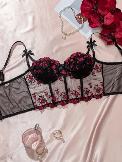Steel Rib Corsage Flower Embroidered Fishbone Three-Breasted Adjustable Corset Crop Top
