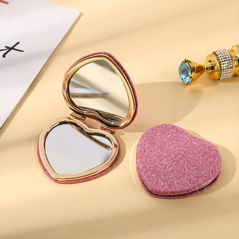 Portable Girl Makeup Folding Pink Glitter Heart Shaped Mirror